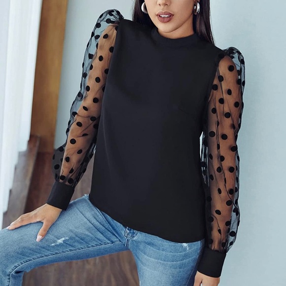 Tops - Long sleeve black blouse with sheer velvet polka dot on sleeves